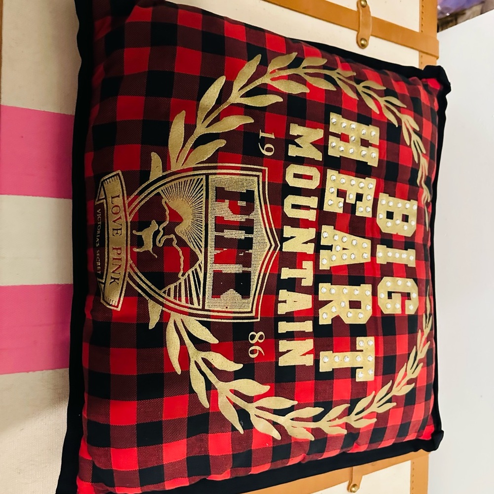 PINK Victoria's Secret Festive Plaid Pillow with Gold Accents
